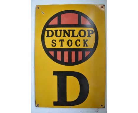 Large 3 piece enamel advertising sign for Dunlop Stock, each panel 88.8cm x 59.9cm, overall H267cm. (Each piece held to the n