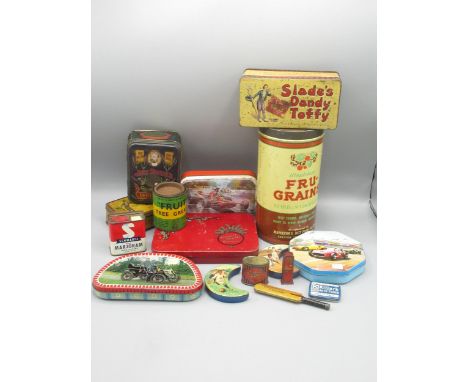 Collection of tins inc. Rowntrees Cachous cricket bat tin, hornby platform ticket machine tin, Killark auto fuses, etc. (15) 