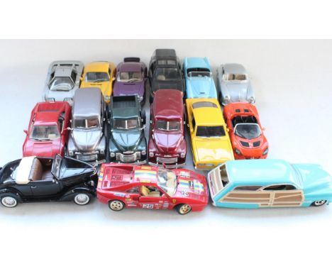 15x unboxed 1/18 scale diecast model vehicles incl. Maisto, Burago, Hot wheels etc. 