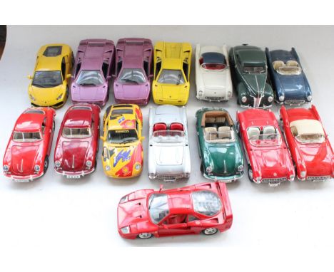 15x unboxed 1/18 scale diecast model vehicles incl. Maisto, Burago, Mira etc. 