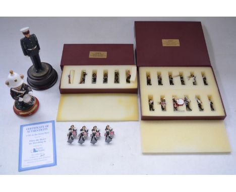 Two boxed sets of 1/32 scale cast metal Royal Marine Bandsmen and Colour Party figures and 4 loose Marine drummers by Asset M