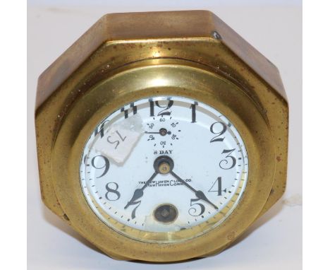 New Haven Clock Co. - C20th 8 day dashboard car clock, Arabic white enamel dial with subsidiary seconds, octagonal brass case