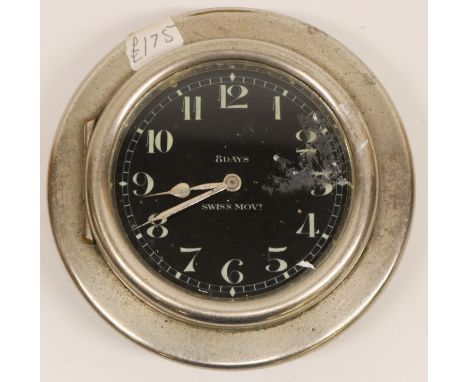 Swiss - C20th 8 day dashboard car clock, Arabic black enamel dial, chrome plated case numbered Prov. Pat. No. 28300/20, D10.5