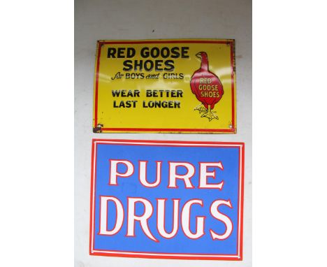 Red Goose shoes enamel sign and a Pure Drugs enamel sign, max W37cm