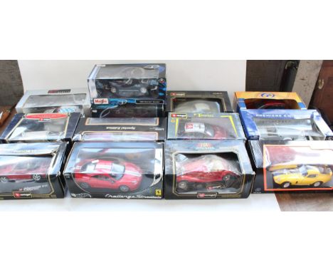 13x 1/18 scale diecast model vehicles incl. Burago, Maisto, Hot wheels etc.   All boxed. 