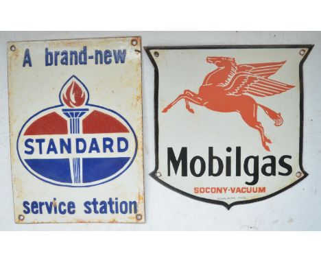 Two plate steel enamel advertising signs - Standard A Brand New Service Station 20.4cm x 27.9cm and Mobilgas Socony-Vacuum 25