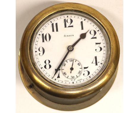 Early c20th GPO 235 Swiss made 8 day car clock, with white enamel dial and subsidiary seconds, case back numbered 'No.13' 