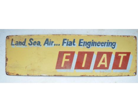 Plate steel enamel advertising sign for Fiat Land, Sea, Air...Fiat Engineering, 50.4cm x 15.4cm