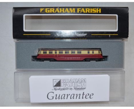 Boxed Graham Farish N gauge 371-627 GWR Railcar BR Crimson and Cream livery electric train model in near mint condition. 
