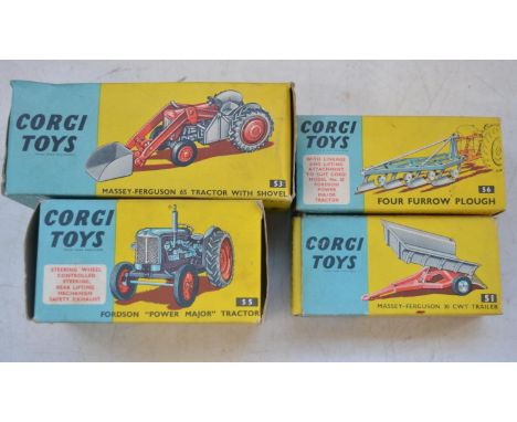 Vintage Corgi Toys item 53 Massey-Ferguson 65 Tractor With Shovel (split in steering wheel), Item 55 Fordson "Power Major" Tr