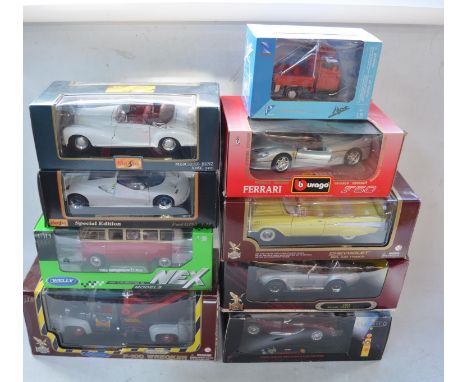 9x boxed 1/18 scale diecast model vehicles from various manufacturers to include Welly Nex Models VW 1963 T1 Bus, Maisto Ford