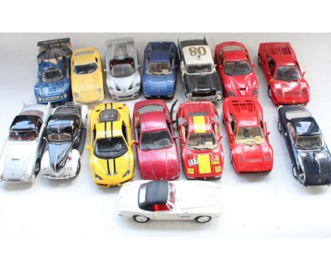 15x unboxed 1/18 scale diecast model vehicles incl. Maisto, Burago, Hot wheels etc. 