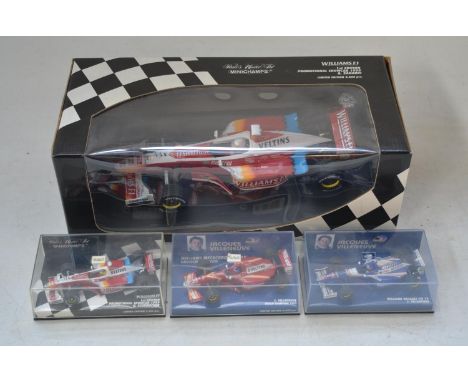 4x Formula 1 diecast racing car models by Minichamps to include a 1/18 scale Williams F1 1st Edition Promotional Showcar 1999