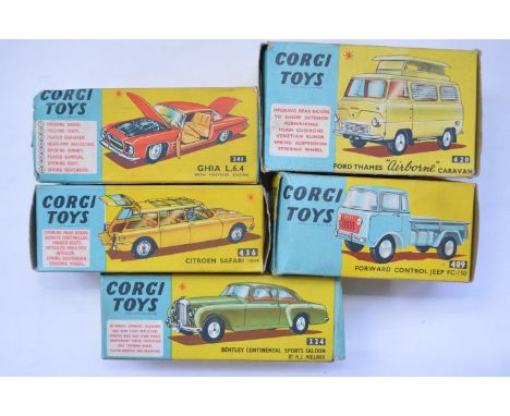 5x boxed vintage Corgi Toys diecast vehicle models to include 420 Ford Thames Airborne Caravan, 409 Forward Control Jeep F.C.