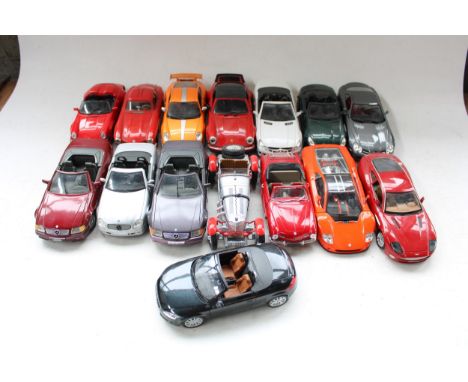 15x unboxed 1/18 scale diecast model vehicles incl. Maisto, Burago etc. 