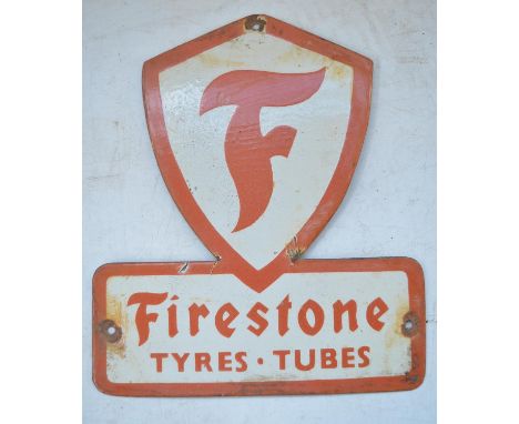 Plate steel enamel advertising sign for Firestone Tyres Tubes, 25.6cm x 30.4cm