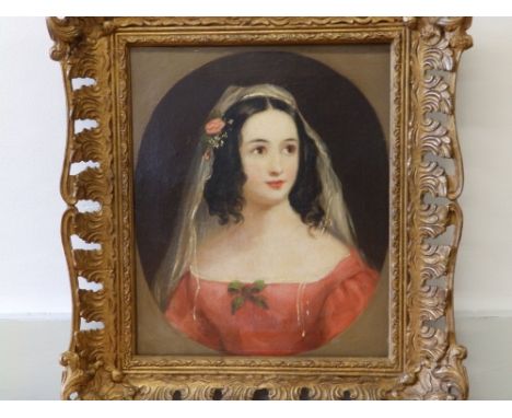 19thC Irish School - oil on canvas - Portrait of a young maiden with a flower in her hair, 11.5" x 9.5"