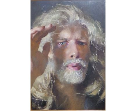 Robert O. Lenkiewicz (1941-2002) - oil on board - Self portrait study of the artist's face with right hand raised to forehead
