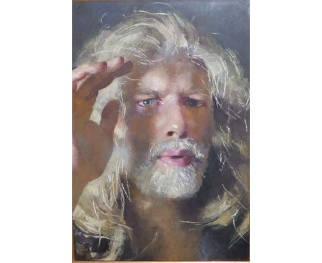 Robert O. Lenkiewicz (1941-2002) - oil on board - Self portrait study of the artist's face with right hand raised to forehead