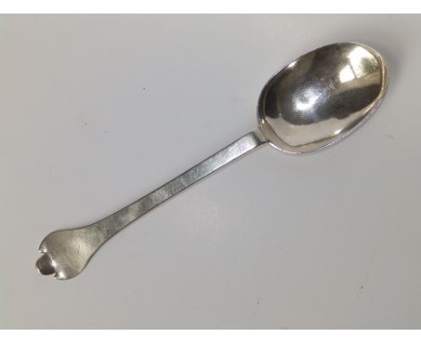 A late 17thC London silver trefid spoon by Lawrence Cole,  having rat-tail  bowl,  8". 
