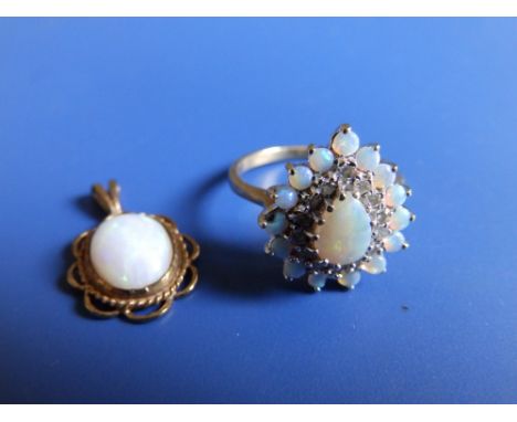 An opal &amp; diamond cluster ring - one small opal damaged and an opal pendant. (2)
