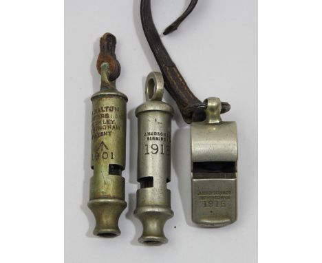 A R.A. Walton military whistle, broad arrow and 1901, a J. Hudson example dated 1915 and another whistle dated 1915 (3) 