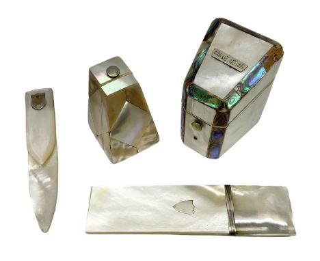 19th century mother of pearl and abalone needle packet box of wedge form, with compartmented interior, H5cm, together with a 