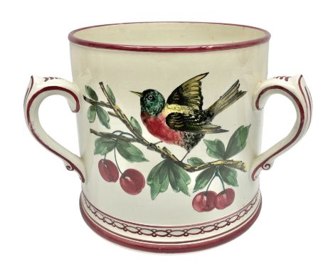 Large 20th century Wemyss style pottery tyg, painted with birds upon fruiting cherry tree branches, with red line borders, H1