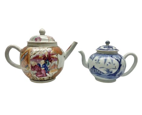 Two late 18th/early 19th century Chinese export teapots, the largest example of globular form with curved handle and straight