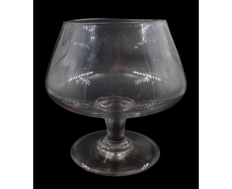 19th century oversized drinking glass, the balloon shaped bowl upon a short thick stem and thick circular foot, H18.5cm bowl 