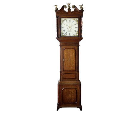 A mid-19th century 8-day oak and mahogany longcase clock retailed by John Stokes of Knutsford c 1840, with a swans neck pedim