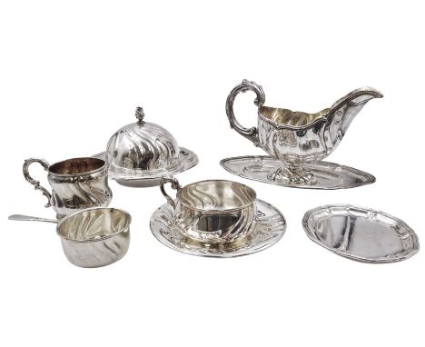 Early 20th century German silver table wares, comprising eleven soup cups and twelve saucers, six chocolate cups, twelve rame