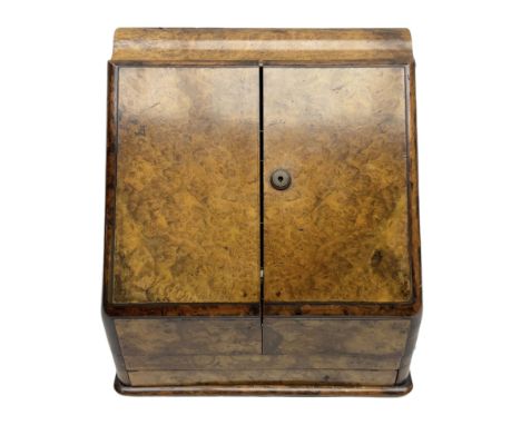 Victorian walnut correspondence box, the sides painted to produce a figured effect, the burr front with twin sloped doors ope