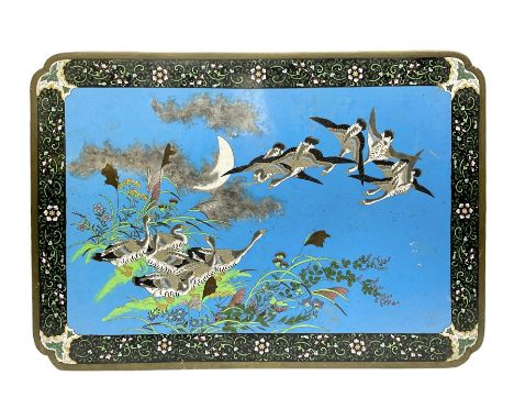 Chinese cloisonné&nbsp;panel, possibly Jiaqing, of rectangular form with shaped corners, decorated with a flock of geese, a n