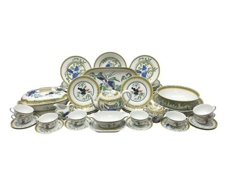 20th century Hermes Paris porcelain dinner and tea service for eight place settings, decorated in the Toucans pattern, compri