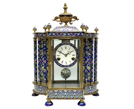 A decorative 20th  century Chinese mantle clock with blue cloisonn� decoration and four bevelled glass panels, flat pediment 