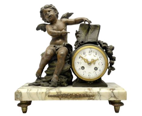 A French table clock c1900 on a white variegated rectangular marble base with four circular gilt feet, 8-day Parisian strikin