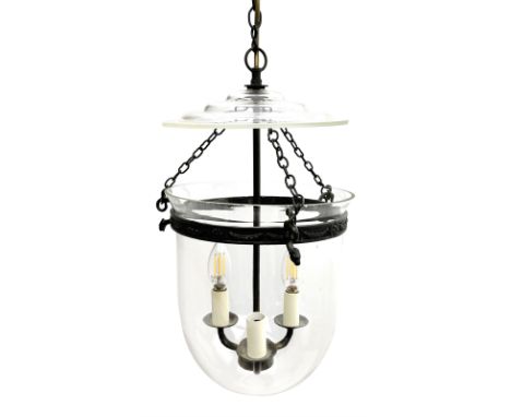 Vaughan Designs - Regency design bronzed metal and glass hall lantern, three branch light in glass bell, the band decorated w