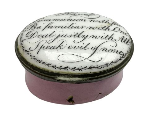 Late 18th century Staffordshire enamel patch box, of oval form with pink base, the hinged cover inscribed 'Have Communion wit