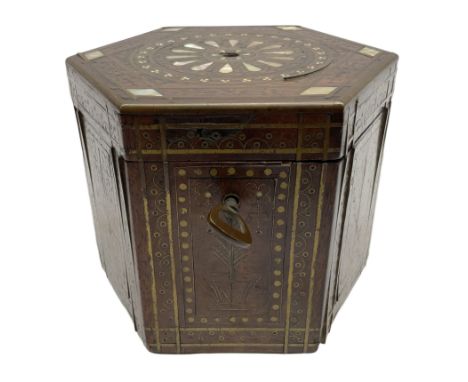 19th century Persian rosewood tea caddy, of hexagonal form, the sides strung and inlaid with brass wire to form panels of flo