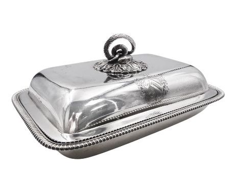 George III silver entree dish and cover, of rounded rectangular form, the base with oblique gadrooned edge, the cover with fo