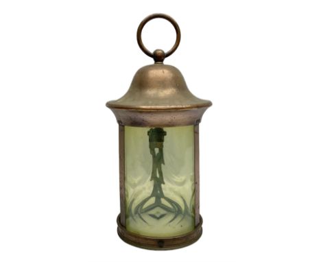 Arts & Crafts copper lantern with Vaseline glass shade, of cylindrical form with domed top and large circular suspension ring