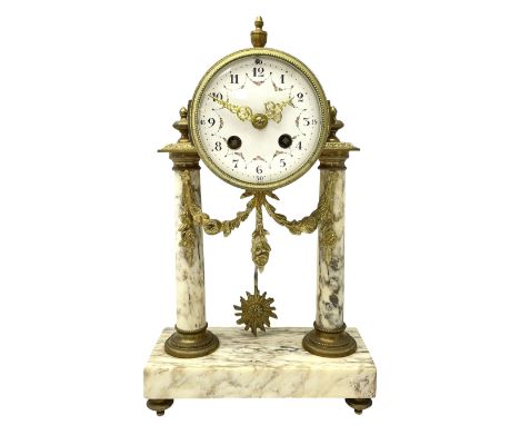 20th century French portico clock c1910 on a white veined marble base, gilt drum movement case supported between two marble c