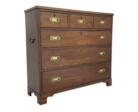Georgian military type campaign chest, narrow rectangular top over three short and three long drawers, recessed brass handles