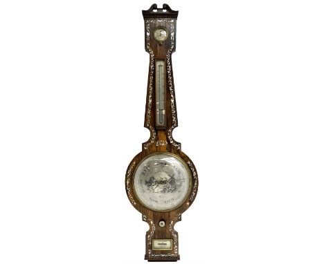 A Victorian rosewood mercury barometer with a swan's neck pediment and brass finial, edge of the case profusely inlaid with m