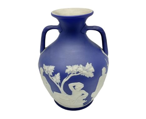 19th century Wedgwood dark blue dipped Jasperware Portland vase, of ovoid form with twin handles to shoulders and waisted nec