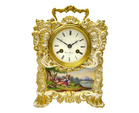 A continental porcelain mantle clock with a French striking movement c1820, rectangular case with raised gilt rococo decorati