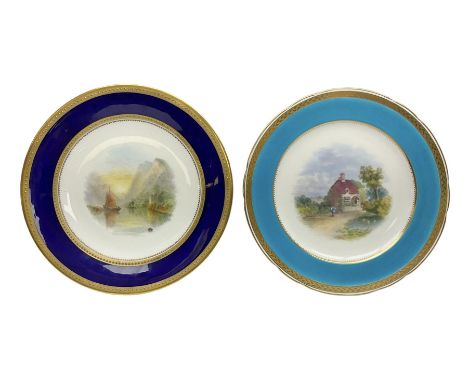 19th century Minton cabinet plate, with central hand painted rural scene with figure stood before a cottage, birds upon a lak