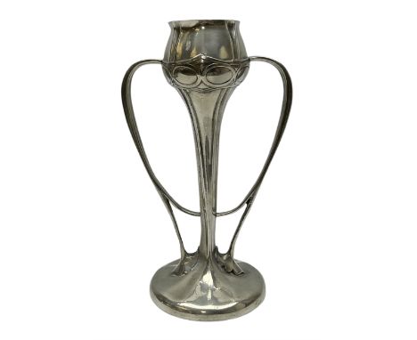 Archibald Knox (1864-1933) for Liberty &amp; Co, Tudric pewter tulip vase, with bulbous bowl upon a tapering stem leading to 