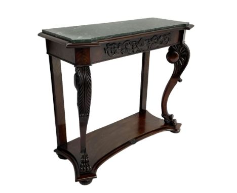 19th century Irish mahogany console table, with green canted marble top and figured frieze with carved scrolled foliage mount